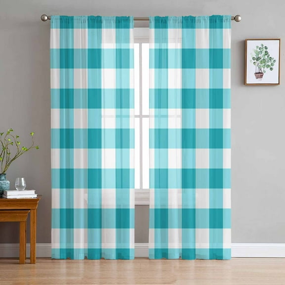 Turquoise Checkered Sheer Curtains 63 Inches Length 2 Panels Set, Window Sheer Curtains for Living Room/Bedroom, Farmhouse Buffalo Plaid Light Filtering Rod Pocket Curtain 52'' x 63'' x 2