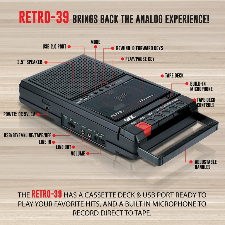 QFX Retro-39BT Shoebox Cassette Player Recorder, Bluetooth