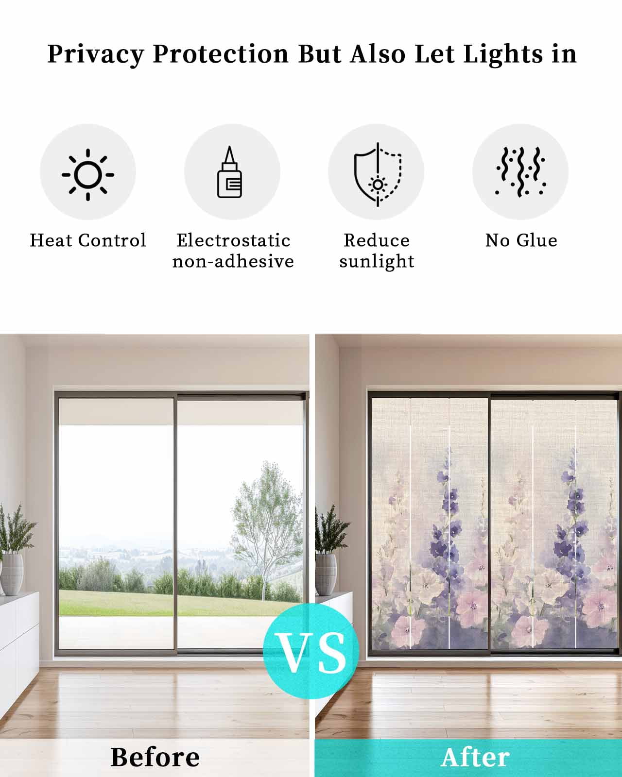 Window Privacy Film Watercolor Lavender Stained Glass Window Film Decorative Sun Block Window Cover Country Spring Field Leaf Wildflower Window Clings Static Adhesive Sticker for Bathroom 23.6"x59"