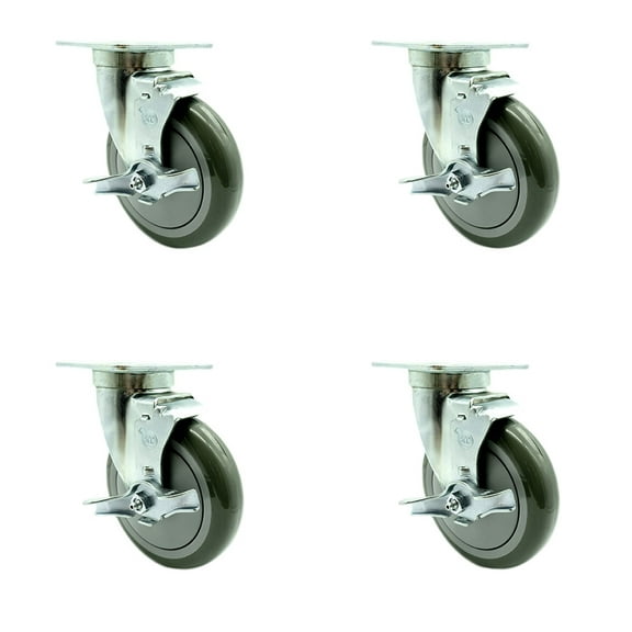 SCC - 5" x 1.25" Gray Polyurethane Wheel Swivel Casters w/Brake - Set of 4