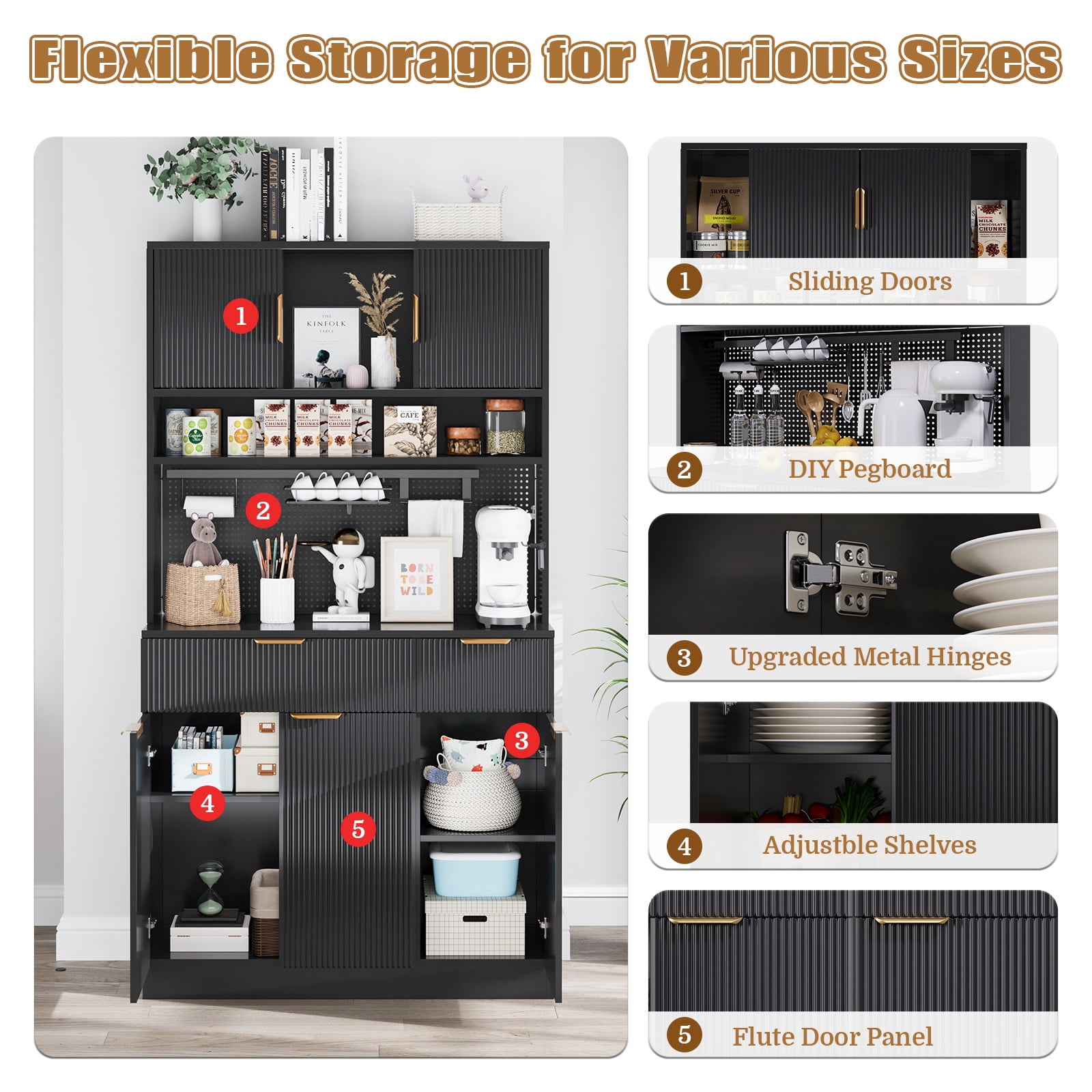 Lumiinofami 72.8" Kitchen Pantry Cabinet, Microwave Hutch with Charging Station, DIY Pegboard, 5 Fluted Doors, 2 Drawers, Adjustable Shelves for Kitchen, Dining Room, Living Room, Black