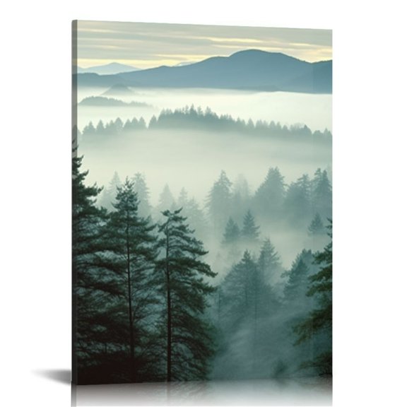 JRXY Foggy Forest Canvas Wall Art Indigo Misty Forest Pictures Blue Grey Abstract Mountain Trees Painting Artwork Nature Scene Canvas Art for Living Room Bedroom Home Office Wall Decor 12x16 in