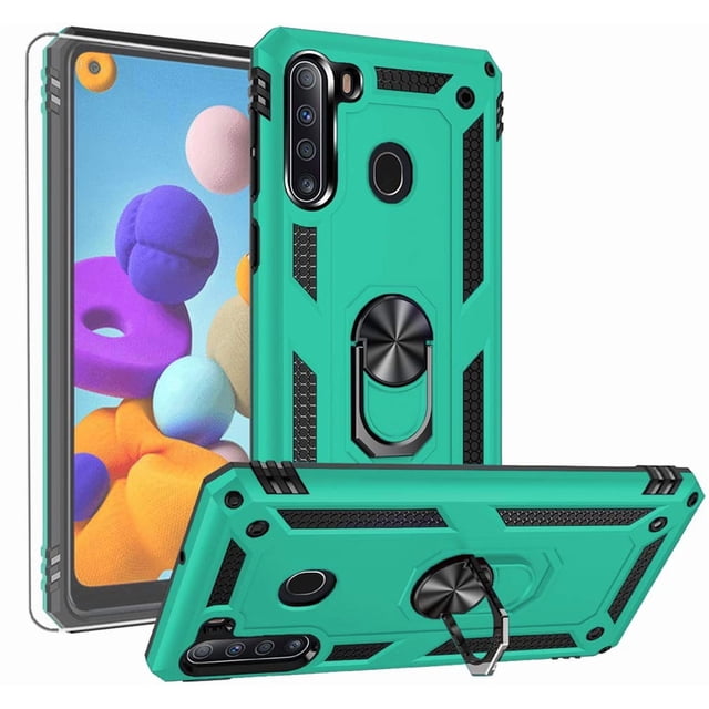 Funda YZOK para Samsung Galaxy A21 en color verde azulado con soporte giratorio y protector de pantalla HD