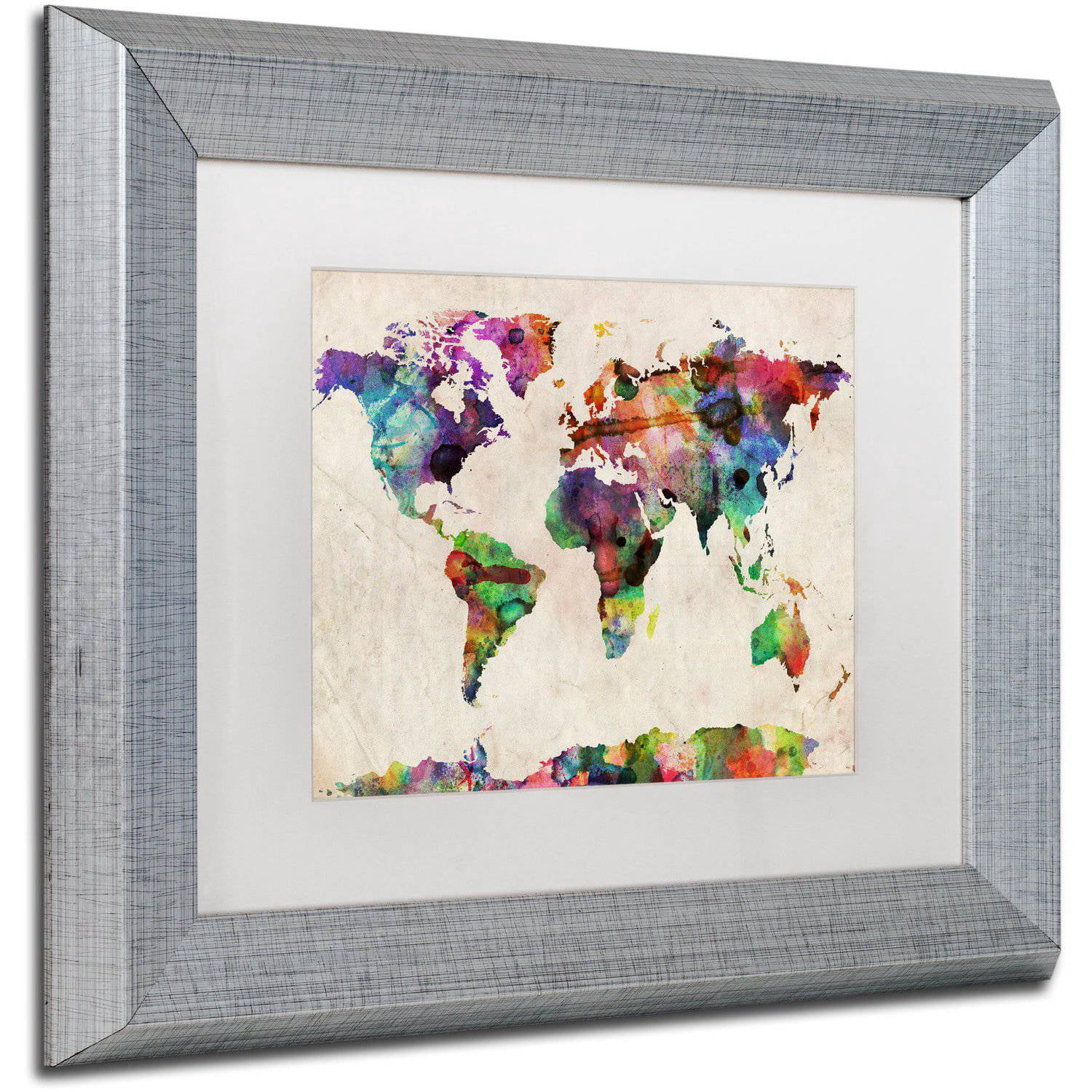 Trademark Fine Art "Urban Watercolor World Map" Canvas Art by Michael Tompsett White Matte, Silver Frame