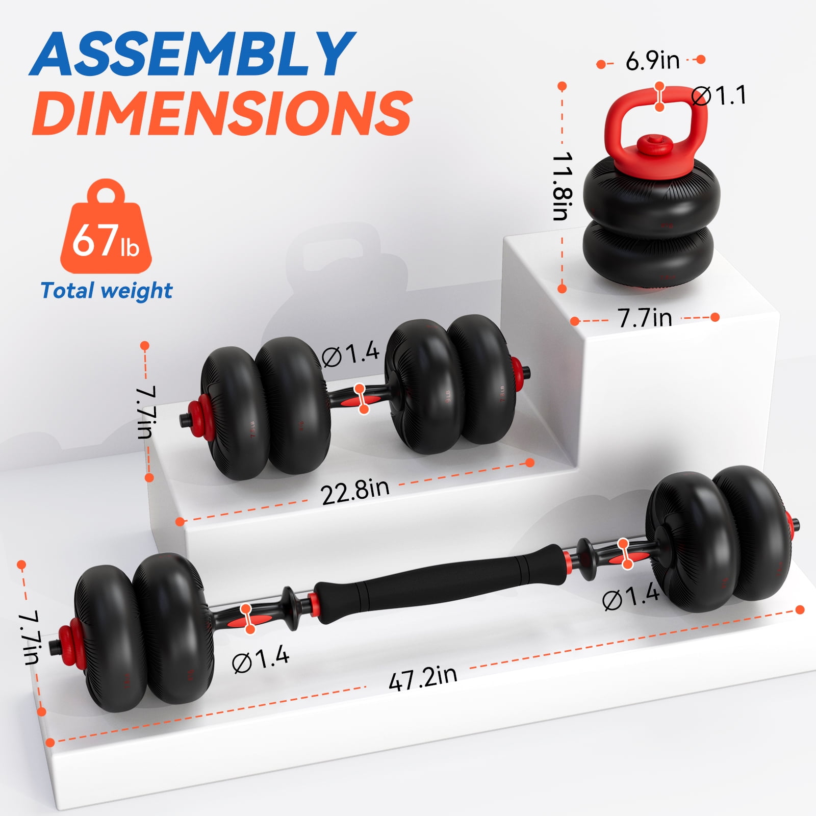 TLGREEN Adjustable Dumbbell Set, 45lbs/67lbs Free Weight Set, 4-in-1 Used as Barbell, Dumbbells, Kettlebell, Weight Plates, Soft Rubber Coated, Space Saving Fitness Exercise for Men/Women