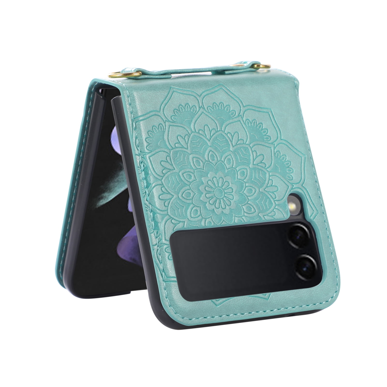 Allytech Z Flip 3 Case, Samsung Galaxy Z Flip 3 5G Phone Case, PU Leather Mandala Embossed Shockproof Protective Shoulder Strap Case Cover for Samsung Galaxy Z Flip 3 2021, Green