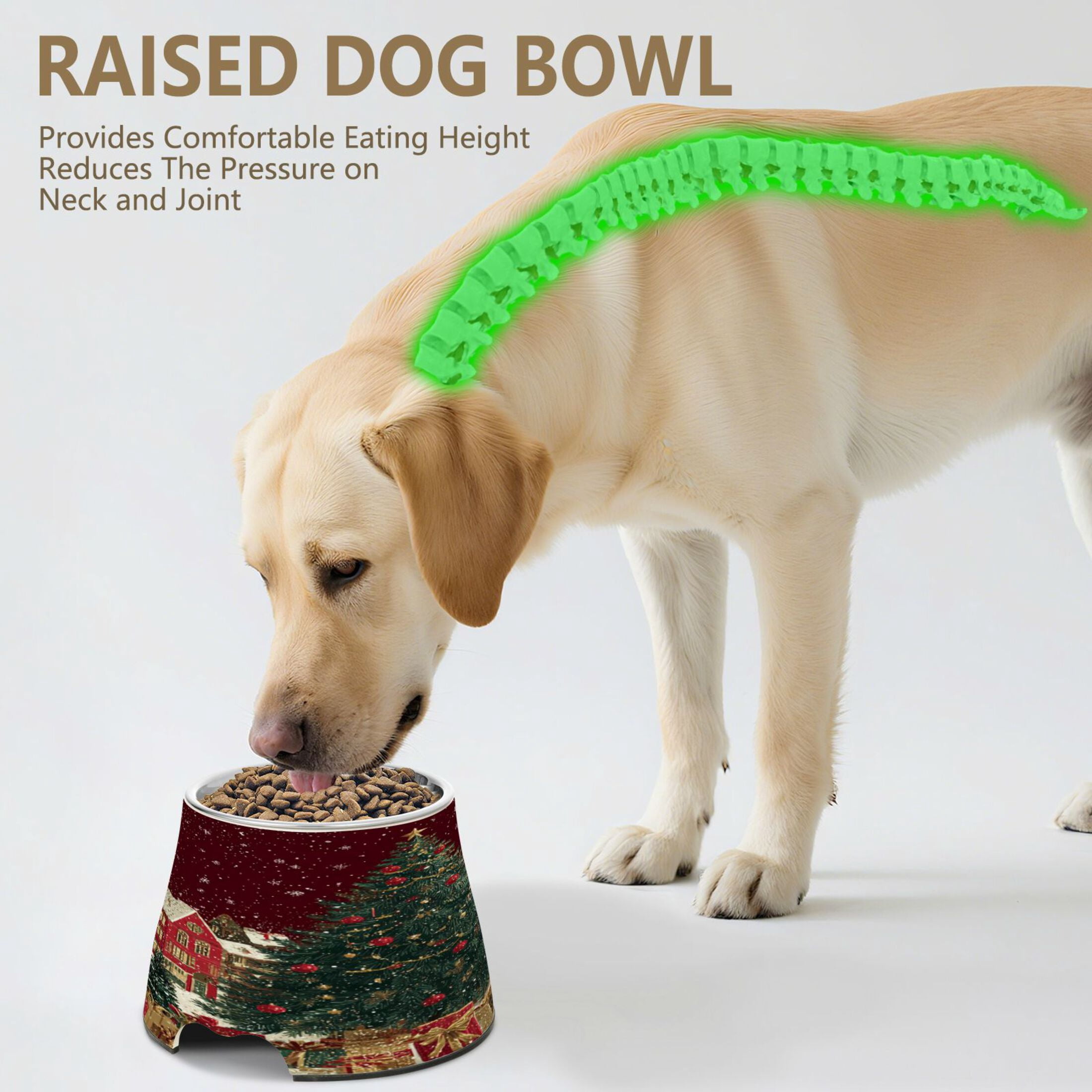 Raised Pet Bowl with Removable Stainless Steel Insert Anti-Slip No-Tip Dog Bowl for Small to Medium Pets Large Christmas Tree