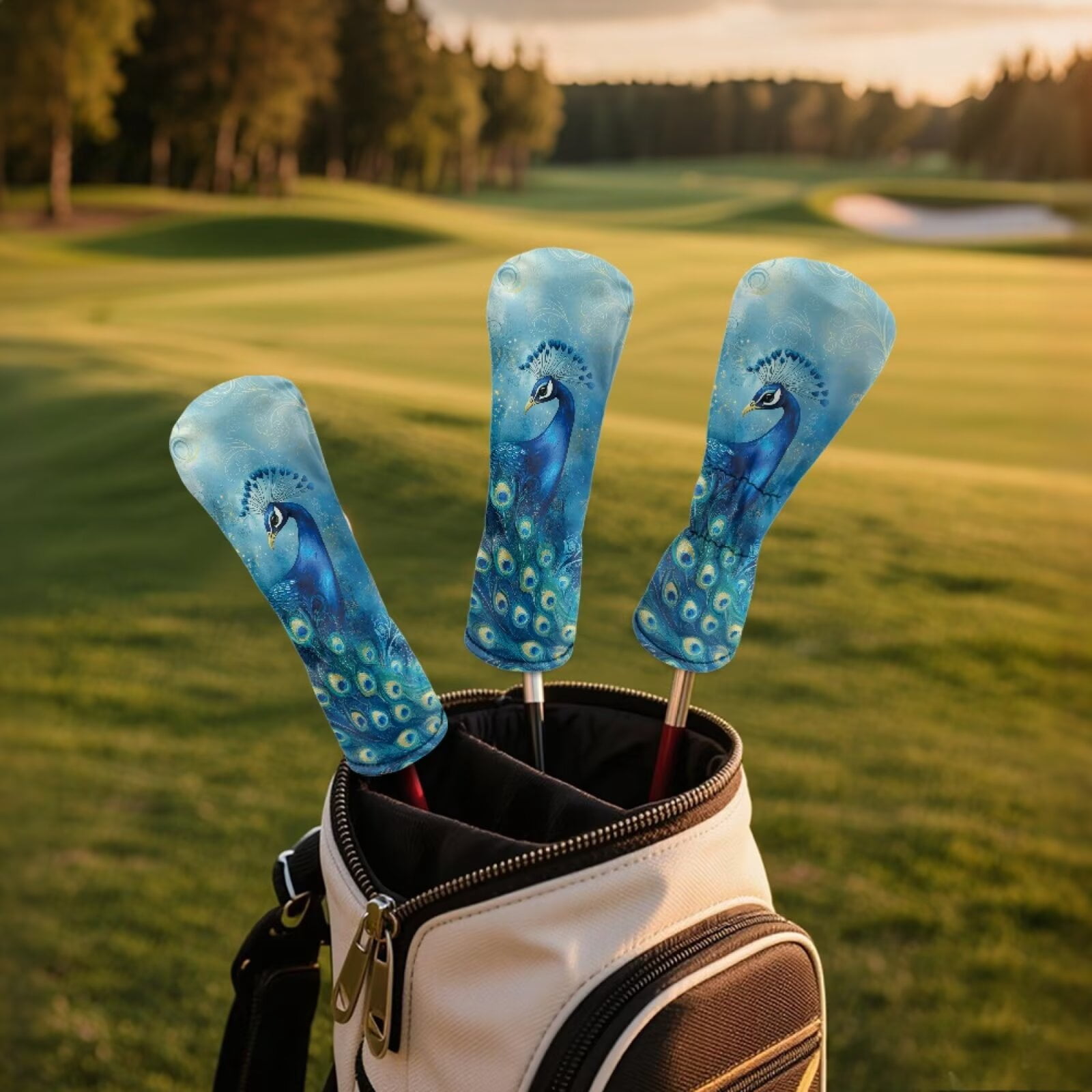 Uorisanigo Golf Club Covers Set of 3 Driver Headcover and Fairway Wood Head Covers Hybrid Headcovers, Blue Paisley Peacock Accessories Premium PU Leather Golf Head Cover