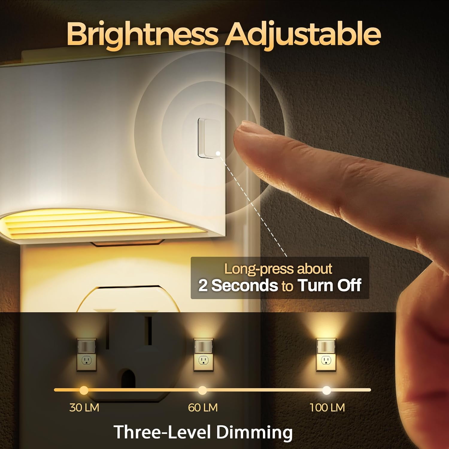 LED Night Light[2 Pack], Night Lights Plug into Wall, 3 Level Brightness Adjustable Plug in Night Light, Dusk to Dawn Sensor Nightlights for Adults,Bedroom,Bathroom,Hallway, 3000K Warm White