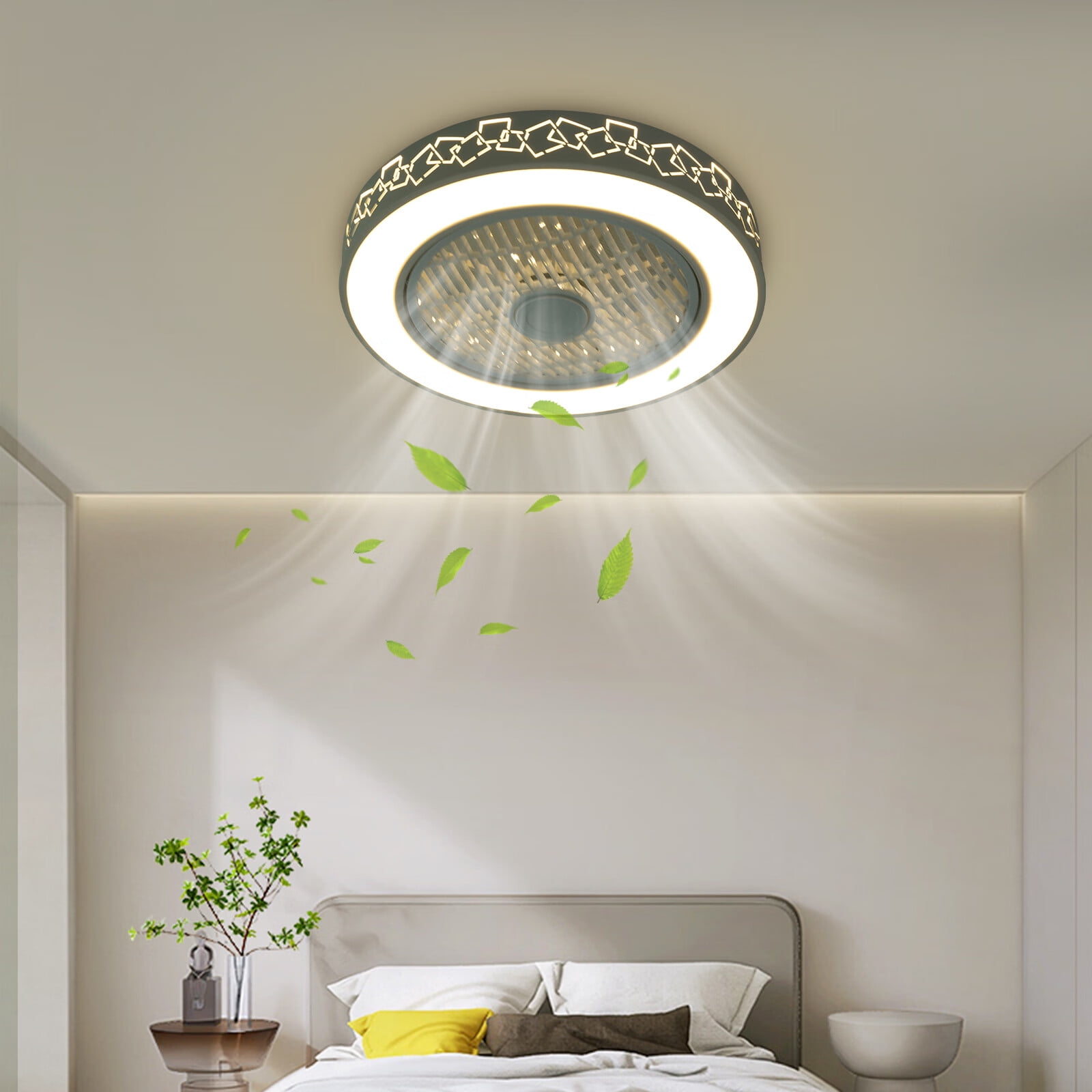 Dimmable LED Ceiling Fan Light Enclosed Round Pendant Fan Lamp w/Invisible Blades 3-Color 6-Speed Ceiling Fan Chandelier 110V