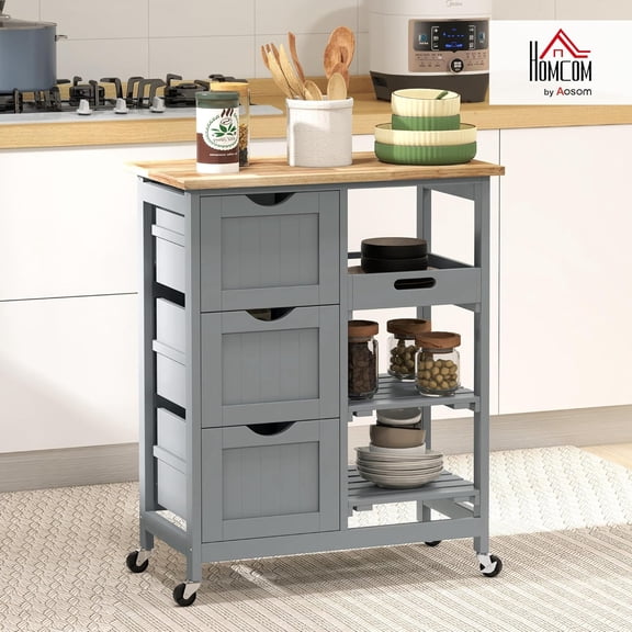 Rolling Kitchen Island Cart with 3 Slat Shelves and 4 Swivel Wheels for Kitchen Storage