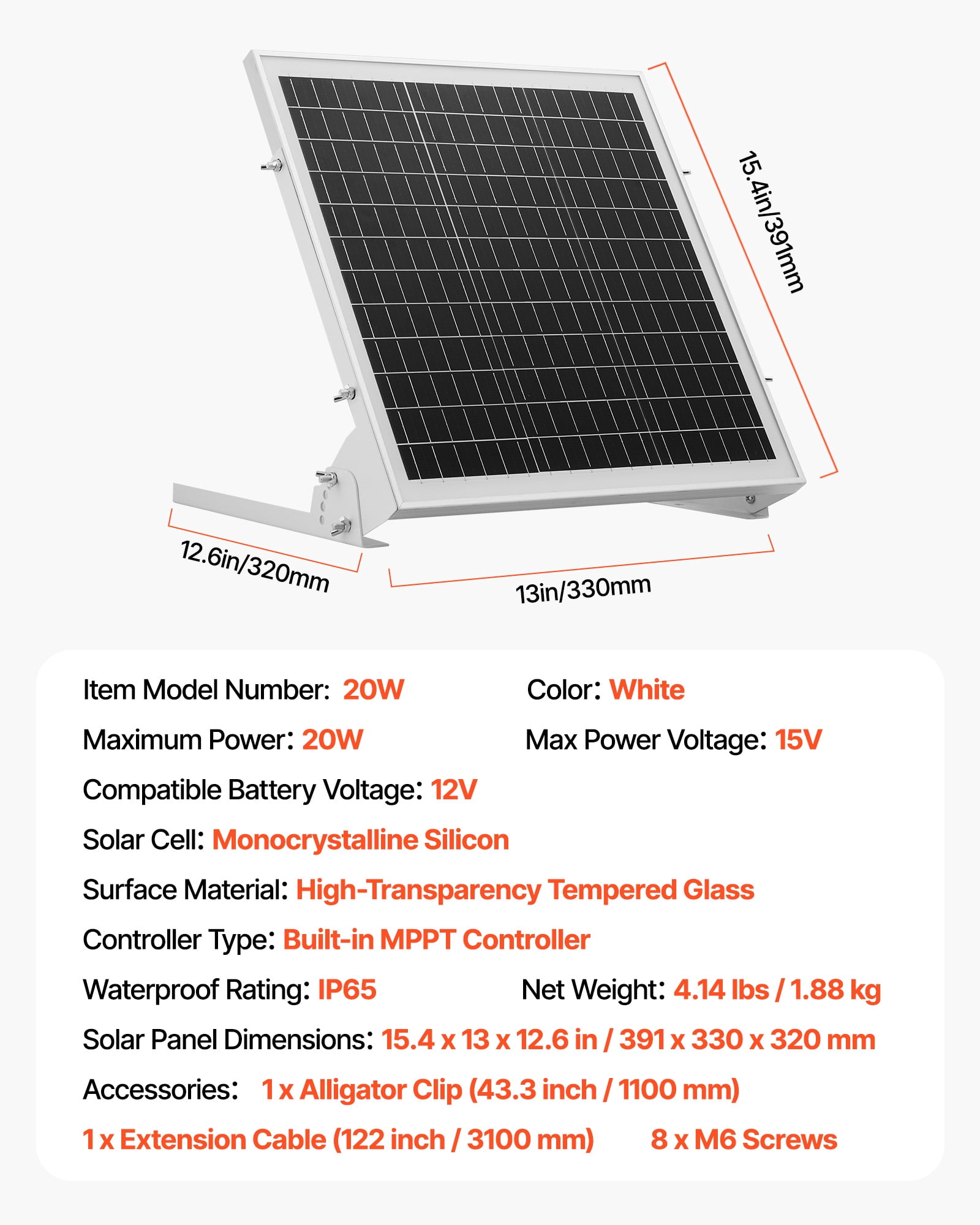 VEVOR 20W 12V Solar Battery Trickle Charger Maintainer, Mono Solar Panel Battery Charger with Built-in MPPT Controller & Adjustable Mount Bracket, IP65 Waterproof for Car Boat RV Trailer House Roof