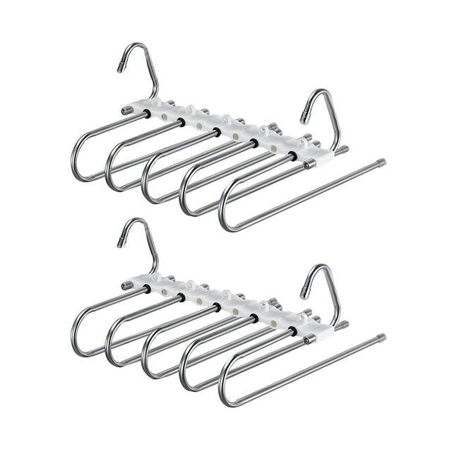 2PCS 5 Rods-Steel Natural Color (Stainless Steel Hook) Folding Pants Rack Telescopic Multi-Purpose Multi-layer Pants Rack Hanger Hook Pants Rack Wholesale Stainless Steel Storage Artifact Pants Hanger