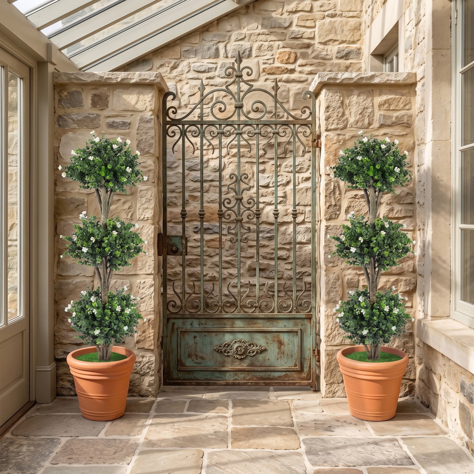Fenbeli 51 Inch Artificial Triple Ball Boxwood Topiary Tree with 59 White Blossoms, Faux Potted Boxwood Plant with Cement-Filled Pot for Indoor Outdoor Front, White