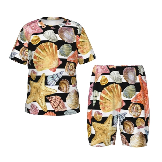 Fotbe Sea Shell Pijama Estampada de 2 Piezas para Niños – Ropa de Dormir de Manga Corta Cómoda para Niños y Niñas, Camiseta y Shorts de Algodón-Medium