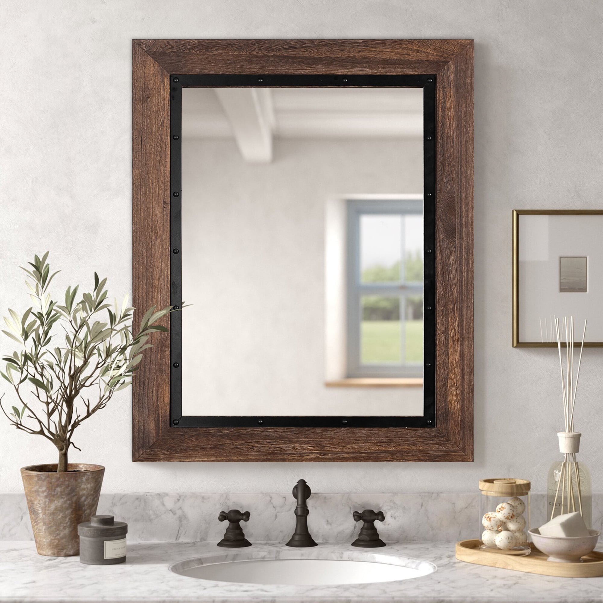 YOSHOOT Rustic Wooden Framed Wall Mirror, Natural Wood and Iron Bathroom Vanity Mirror for