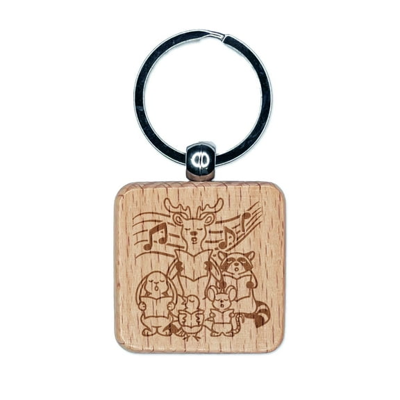 Woodland Animal Choir Singing Deer Rabbit Raccoon Mouse Bird Square Keychain Charm Tag - Engraved Wood