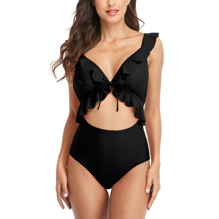 Charmo Women's Ruffle One Piece Swimsuit Strappy Bathing Suits Ladies Cute Monokini Swimwear