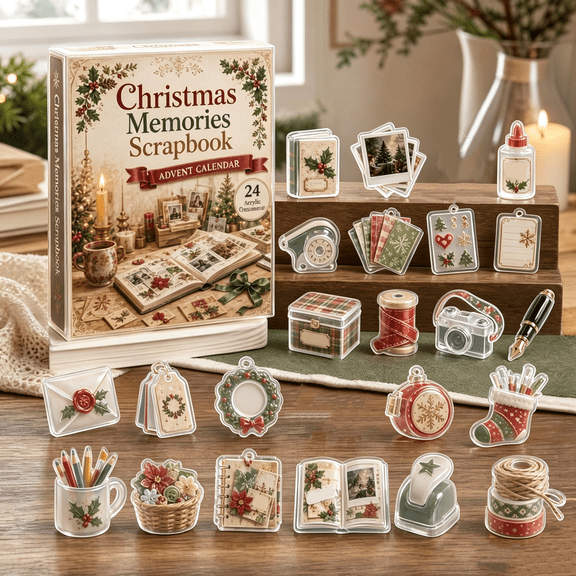 2026 Scrapbook Themed Christmas Advent Calendar, 24 Day Countdown Calendar with 2D Acrylic Ornaments - Fun Novelty Holiday Home Decor for Book Lovers & Kids Family Winter Holiday Celebrations