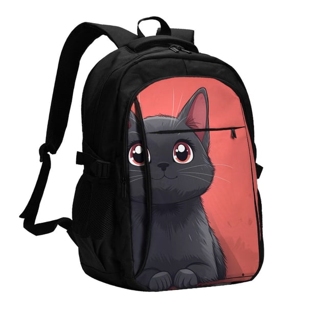 Balery Cute Black Kitten Cartoon Mochila con carga USB para hombre y mujer - Mochila impermeable y antirrobo para laptop con puerto USB para viajes, trabajo