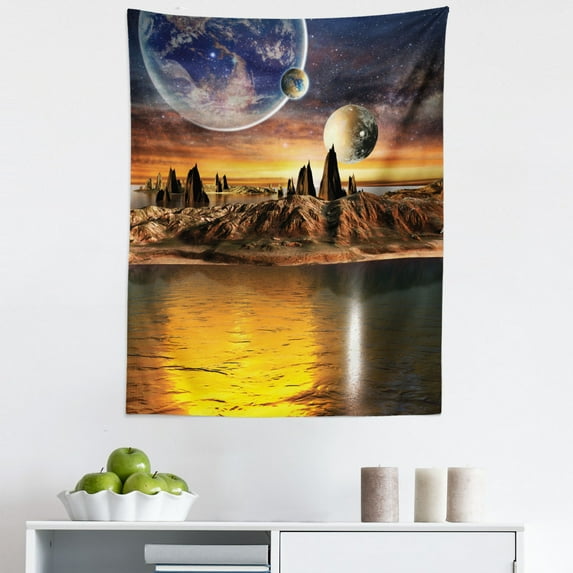 Alien Tapestry, Alien Planet Earth Moon and Mountain Surreal Sci Fi Galactic Future Cosmos Art, Fabric Wall Hanging Decor for Bedroom Living Room Dorm, 5 Sizes, Multicolor, by Ambesonne