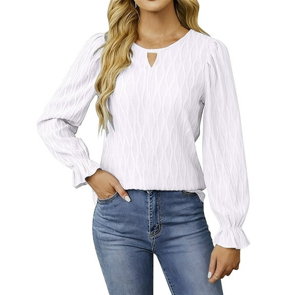 Sexlip Women's Dressy Casual Blouses Long Puff Sleeve Textured Jacquard Business Tops Trendy Crew Neck Keyhole Work Shirts White S