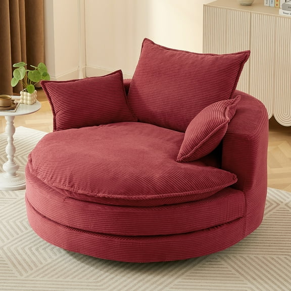 Harper & Bright Designs 360° Swivel Accent Chair, Barrel Chair Swivel Round Sofa Chair with Cushion and 3 Pillows for Living Room, Red