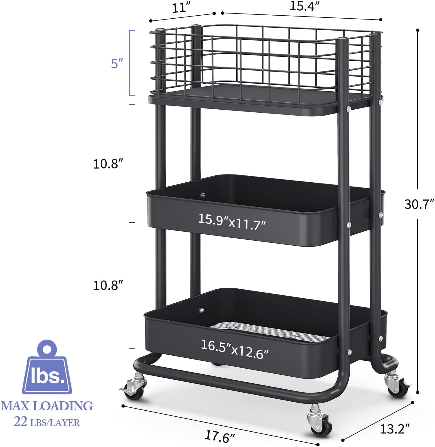 3-Tier Metal Rolling Utility Cart, Rolling Cart Organizer, Storage Cart on Wheels, Book Cart, Diaper Cart for Bathroom, Kitchen, Office, Bedroom, Black
