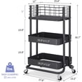 thumbnail image 2 of 3-Tier Metal Rolling Utility Cart, Rolling Cart Organizer, Storage Cart on Wheels, Book Cart, Diaper Cart for Bathroom, Kitchen, Office, Bedroom, Black, 2 of 16