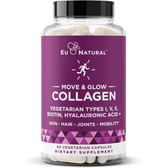 Move & Glow Collagen Pills for Women & Men – Vegetarian Multi-Collagen (Type I-V-X) with 9 Plant-based Superfoods for Skin Health & Joint Support – Biotin, Vitamin C, Vitamin E, 60 Capsules