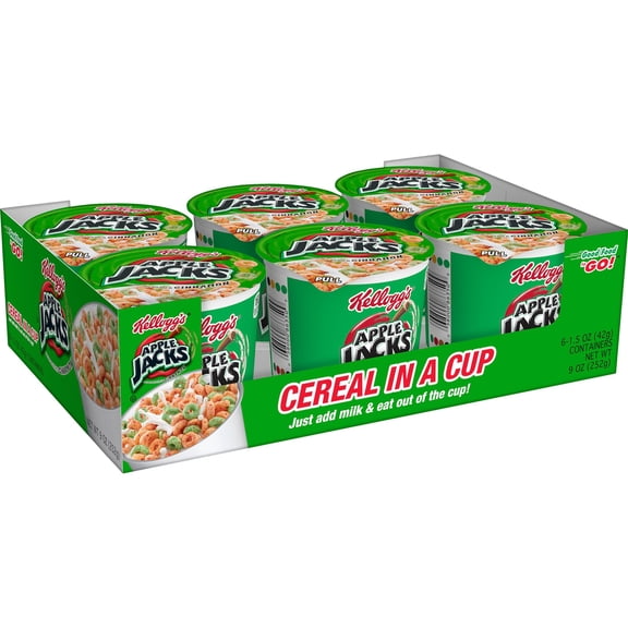 Kellogg's Apple Jacks Breakfast Cereal Cups, 8 Vitamins and Minerals, Kids Snacks, Original, 9oz Tray (6 Cups)