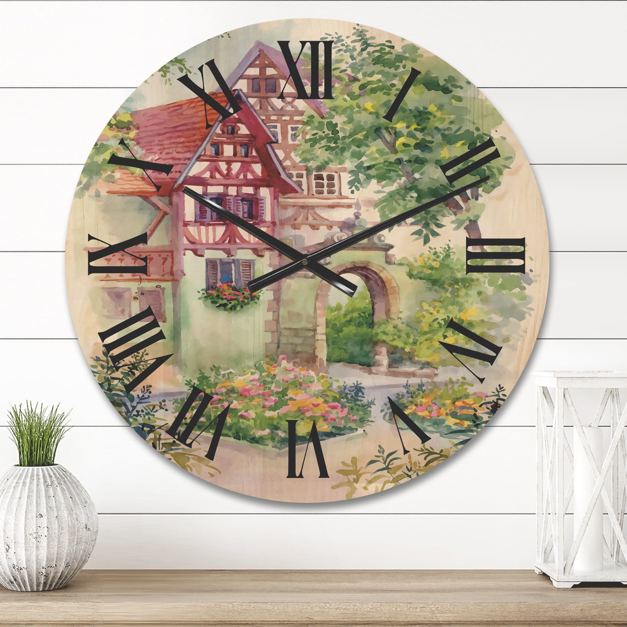 Designart 'Red Rustic House In The Country Side Landscape' Traditional Wood Wall Clock