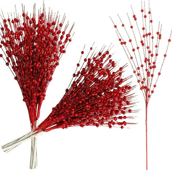 24 Pack Artificial Glitter Berry Stem Ornaments,Bexikou 16.93inch Red Christmas Decorations,Artificial Christmas Picks for Christmas Tree Ornaments, DIY Xmas Wreath, Crafts, Holiday Home Decor