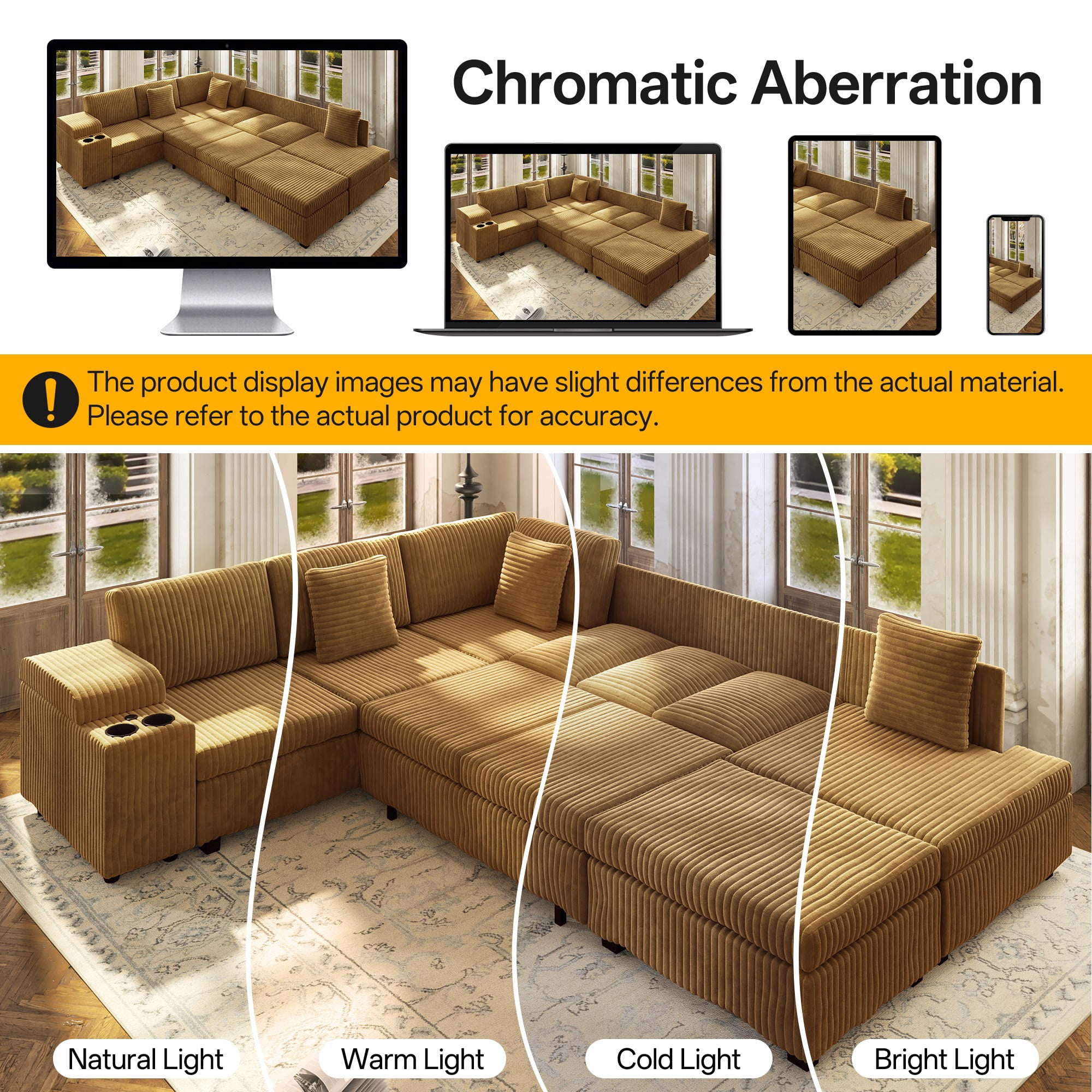LLappuil 110" Sectional Sofa, Modular Sectional Couch Convertible Sofa Bed, 7 Seat Corduroy Sofa Couch with Movable Ottoman, Hidden Armrest Storage & USB Charging Ports Camel