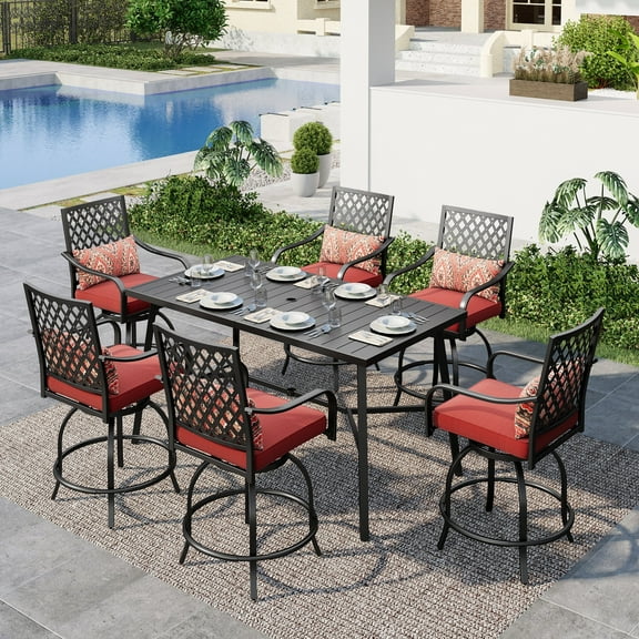 Summit Living 7-Piece Outdoor Patio Swivel Bar Stool & Table Set, 6 Height Chairs with Seat and Back Cushions and Bar Table with Umbrella Hole, Black & Red