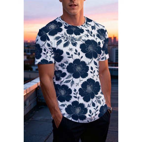 Men's Sea Flower Printed T-Shirt - Thin Transparent Short Sleeve T-Shirt, White Flower Case, Regular Version Summer Shirt, Seaview, Seaview, Seaview, Sea T-Shirt, Comfort, Seaview Top