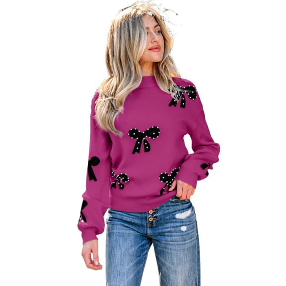 Women's Bright Pink Pearl Embellished Bow Pattern Sweater - Ideal for Daily Wear & Valentine's Day | XL