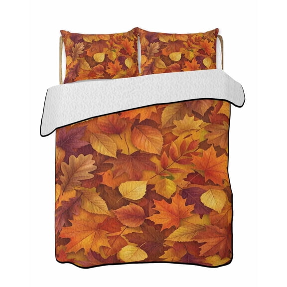 Quilts Twin-XL Size Bedding Set, Fall Lightweight Quilted Comforter, Autumn Modern Country Abstract Maple Leaf Textured Soft Reversible Bedspread Coverlet with Pillow Covers for All Season, 68" x 98"