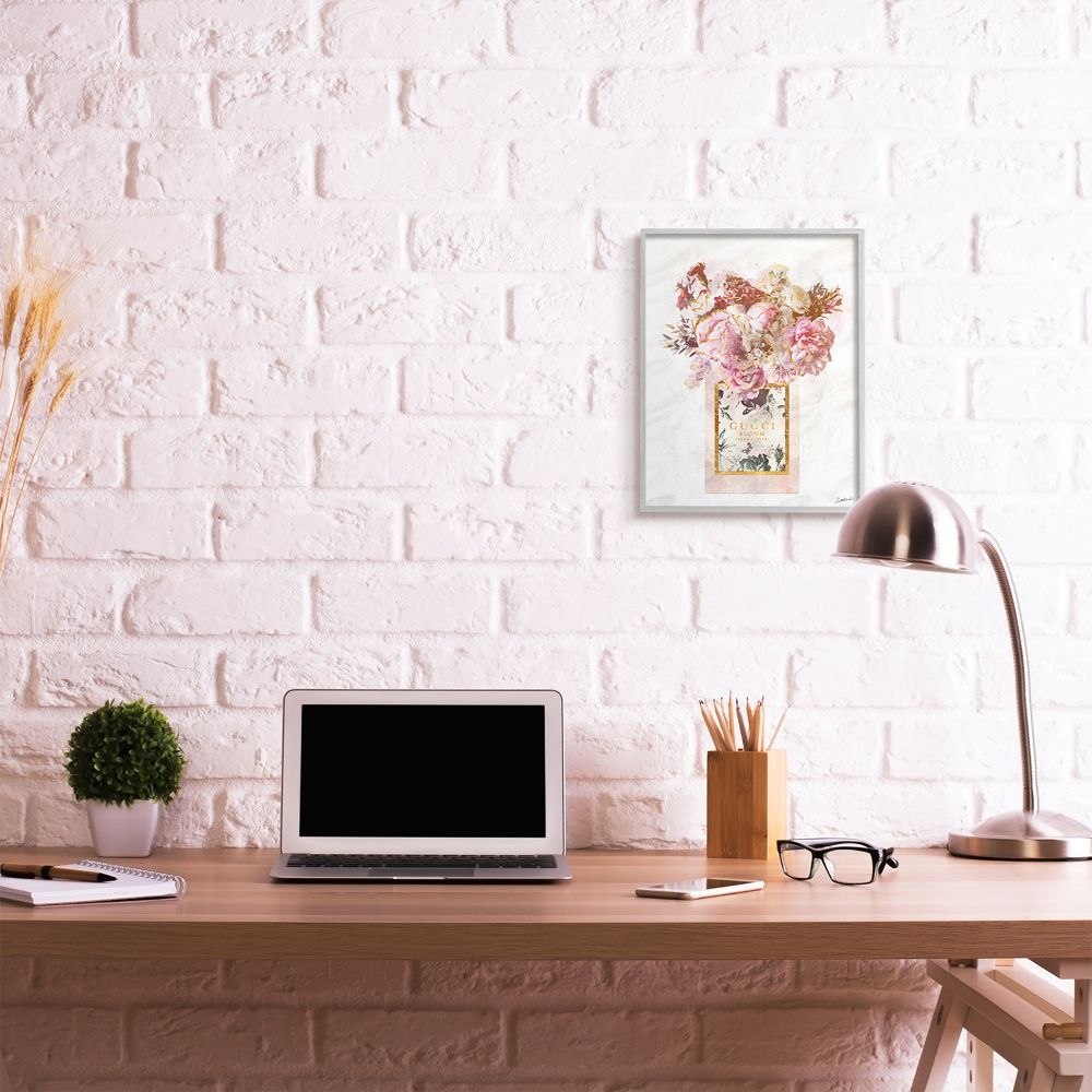 Stupell Industries Floral Bouquet Fashion Style Shopping Bag Pink White Gold Framed Wall Art Design by Ziwei Li, 16" x 20", Gray Framed
