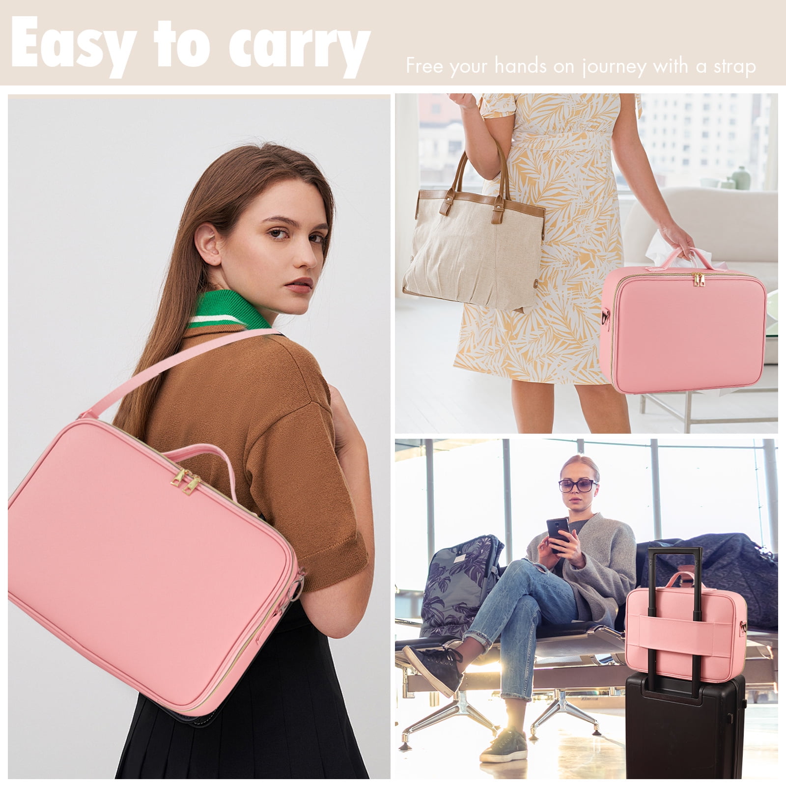 Hmggoofa Pink Travel Makeup Bag with LED Light Mirror - Large Capacity and Adjustable Dividers, Perfect for Carrying Beauty Products While On the Go