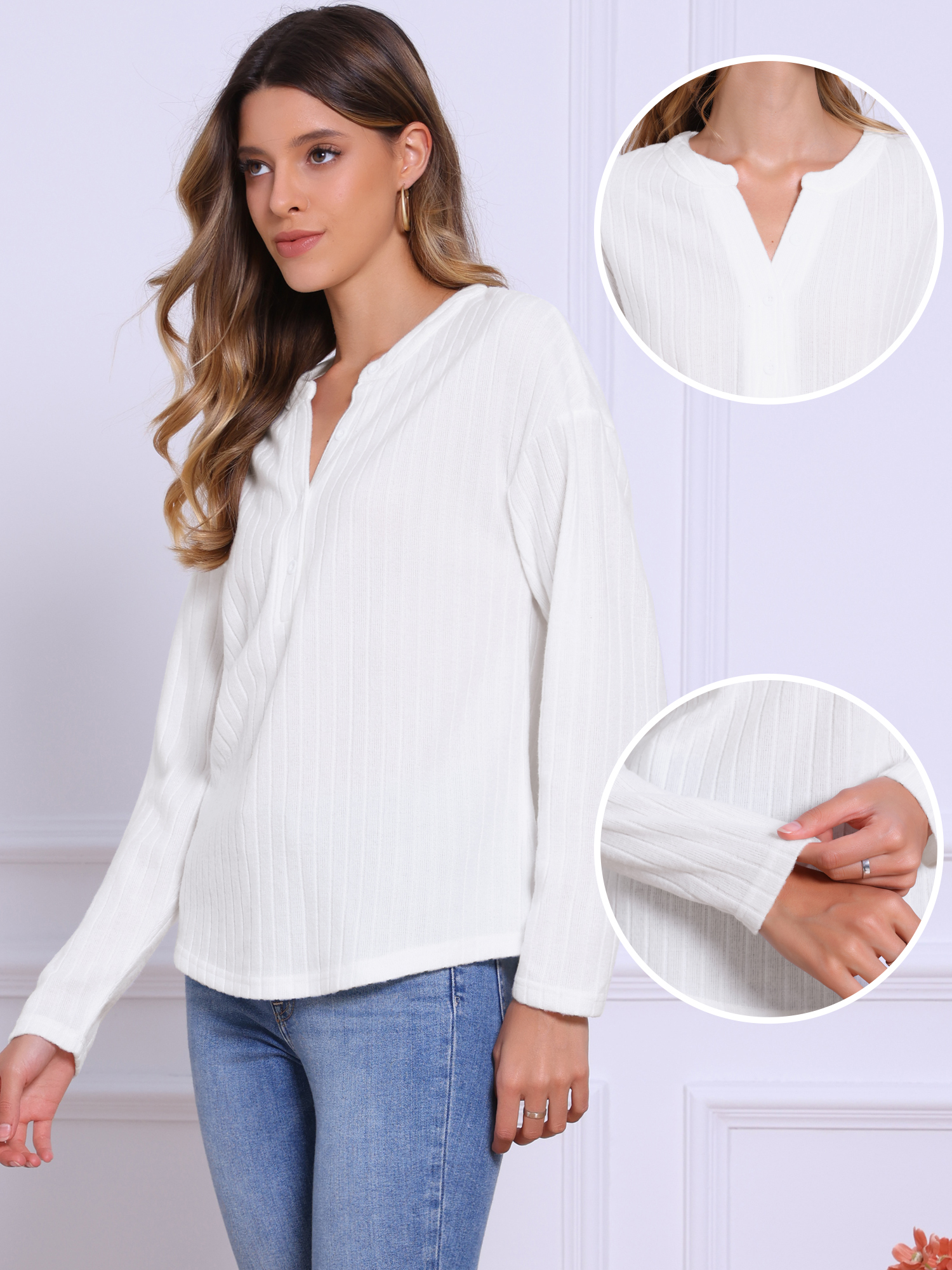 DARING DIVA Women's V Neck Long Sleeve Loose Casual Knit Top S White