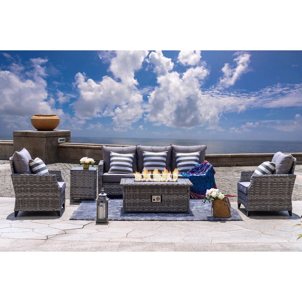 Direct Wicker 5 Pieces Outdoor Grey Wicker Patio Coversation Set With Firetable Pit Walmart Com Walmart Com