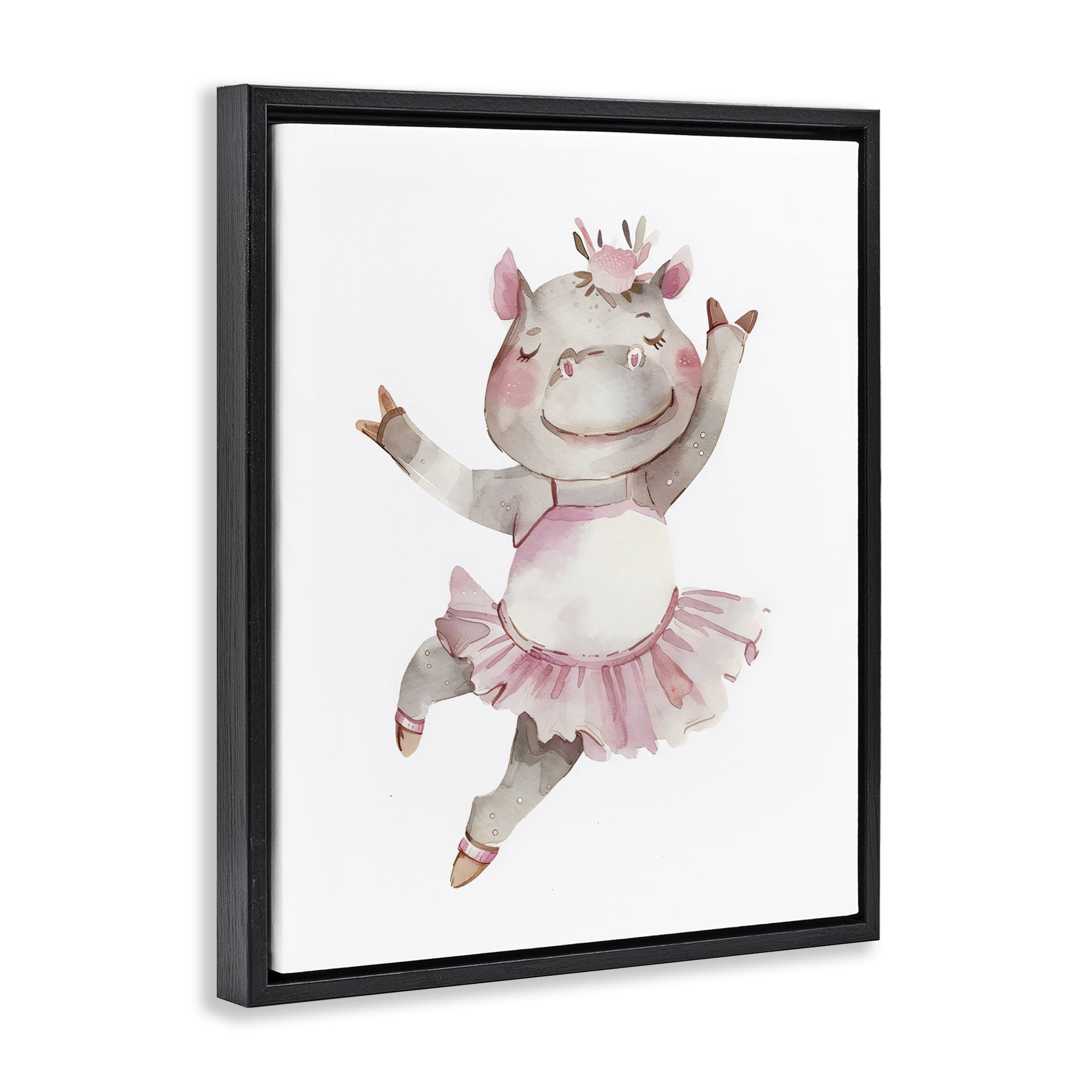 Stupell Industries Ballerina Hippo in Tutu Black Framed Floater Canvas Wall Art, design by LSR Design Studio