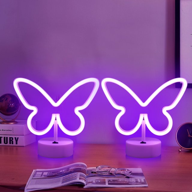 Letrero de neón Ursa Major Butterfly, LED morado, paquete de 2 unidades con batería USB