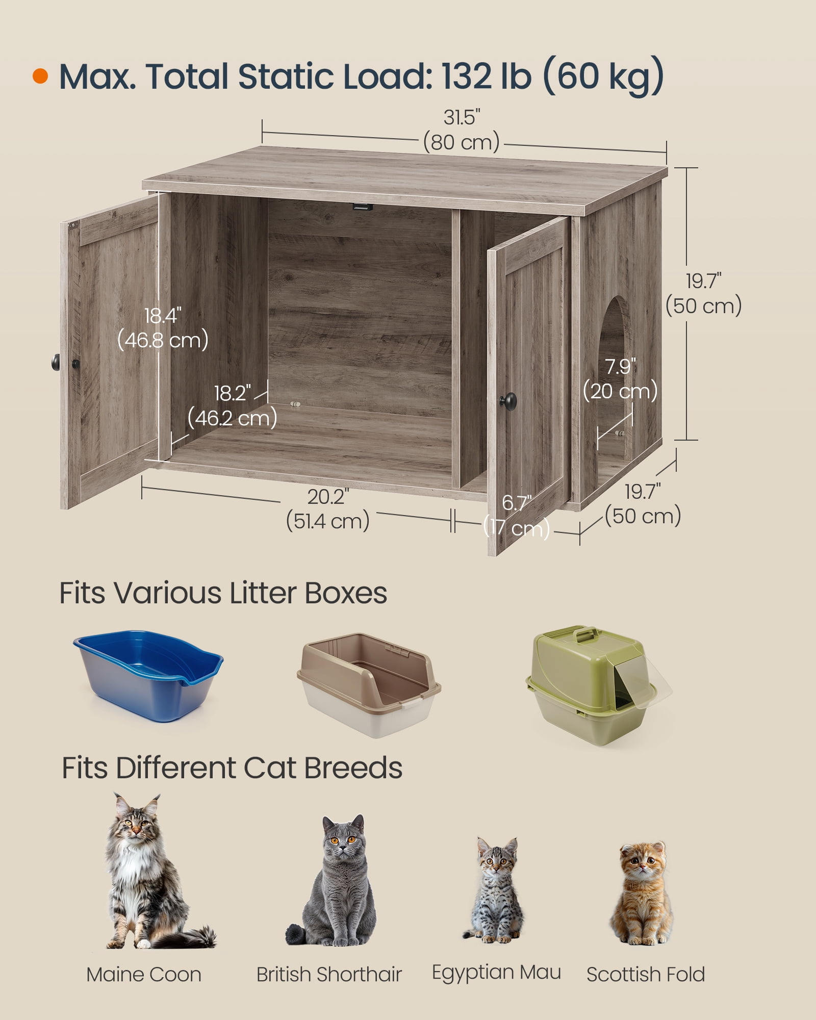 SONGMICS Home Litter Box Enclosure, Superfast Toolless Assembly, Cat Litter Box Furniture, Push-to-Open Doors, Indoor Cat House, Greige