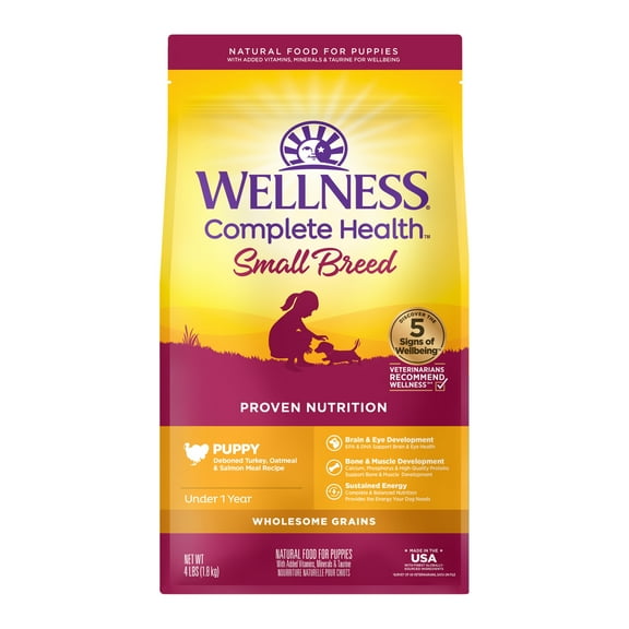 Wellness Complete Health Puppy Dry Dog Food, Small Breed, Wholesome Grains, Natural, Chicken, Oatmeal, & Salmon Recipe, (4-Pound Bag)