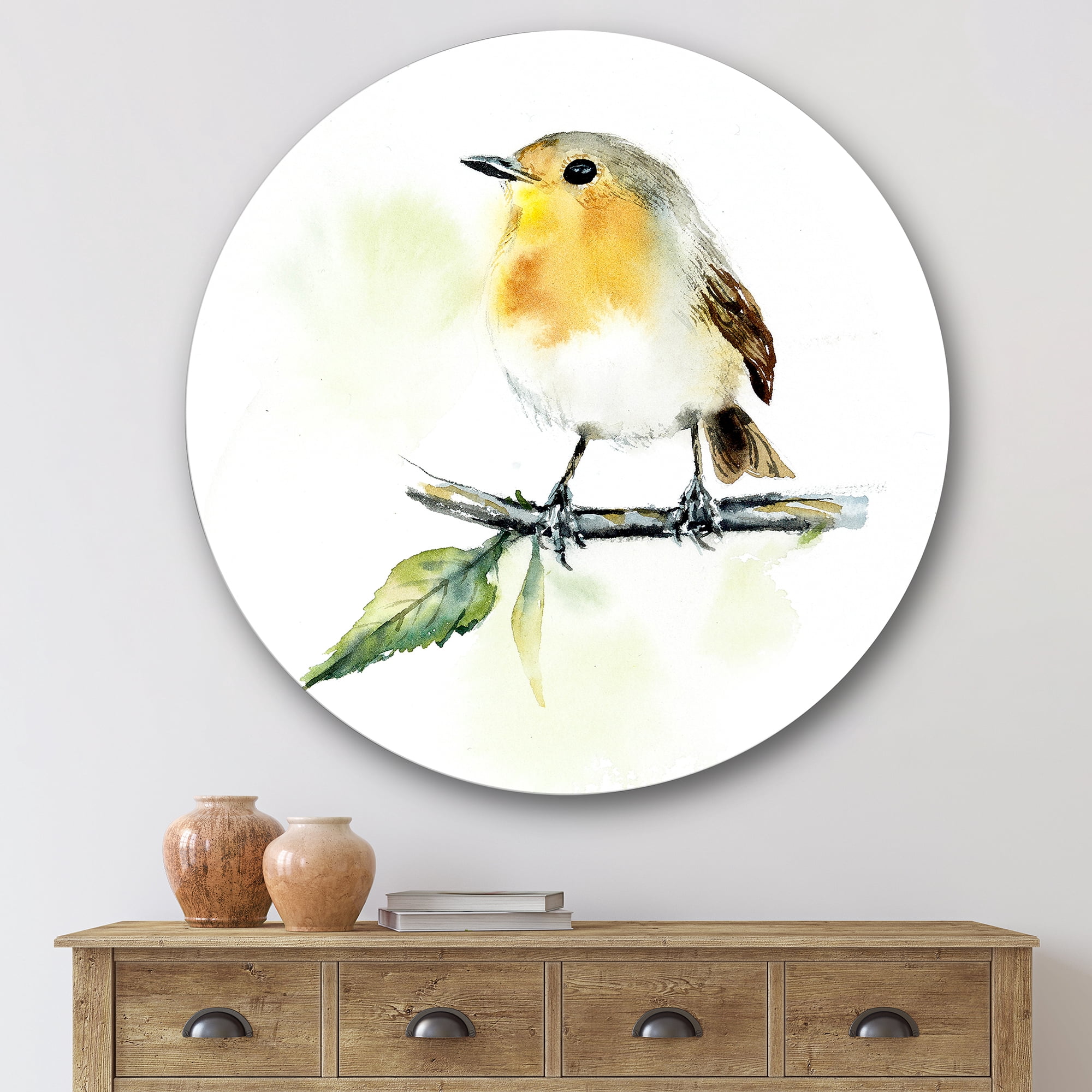 Designart 'Little Robin Bird Sitting On A Branch' Traditional Circle Metal Wall Art 36x36 - Disc of 36