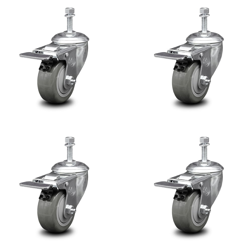 Gray Polyurethane Swivel Threaded Stem Caster Set of 4 w/4 x 1.25 Wheels and 3/8 Stems 1200 lbs Total Capacity Service Caster Brand Includes 2 with Total Locking Brake 