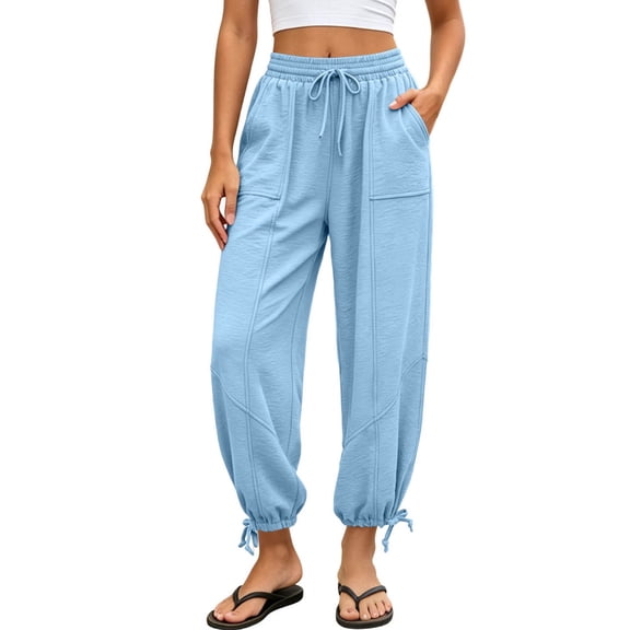 MLCDZ Women's Cotton and linen Balloon Barrel Beach Pants Boho Harem Flowy Drawstring Casual Loose bound feet Pants with Pockets Suitable for Daily Light Blue XXL