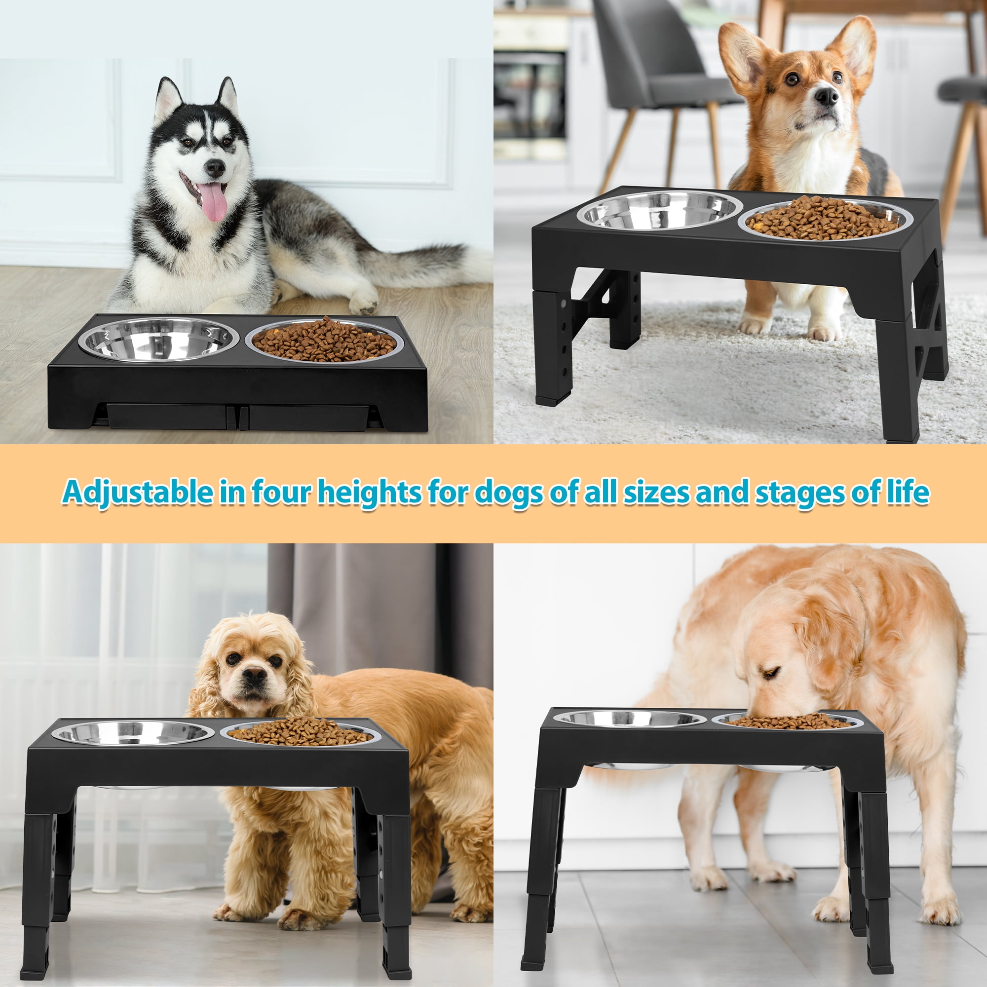 Elevated Dog Bowls Stand with 2 Stainless Steel Food Bowl,5 Height Adjustable,Black